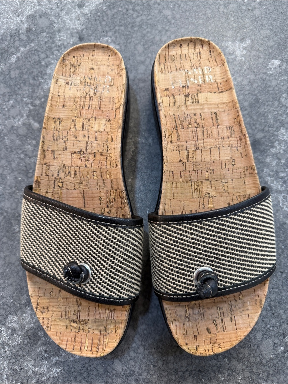 Donald J. Pliner Black and Tan Woven Slide Sandals